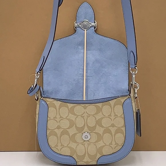 COACH Georgie Saddle Bag In Signature Canvas 
Silver/Light Khaki/Marble Blue - Picture 5 of 15